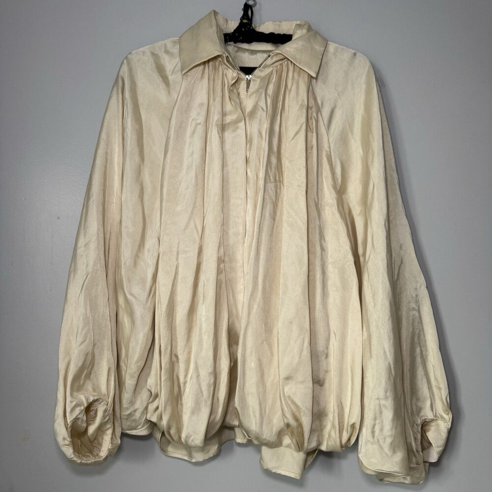 Zara NWT Cream Satin Zip Up Flowy Bomber Jacket Puff Sleeve Pleated Sz Medium